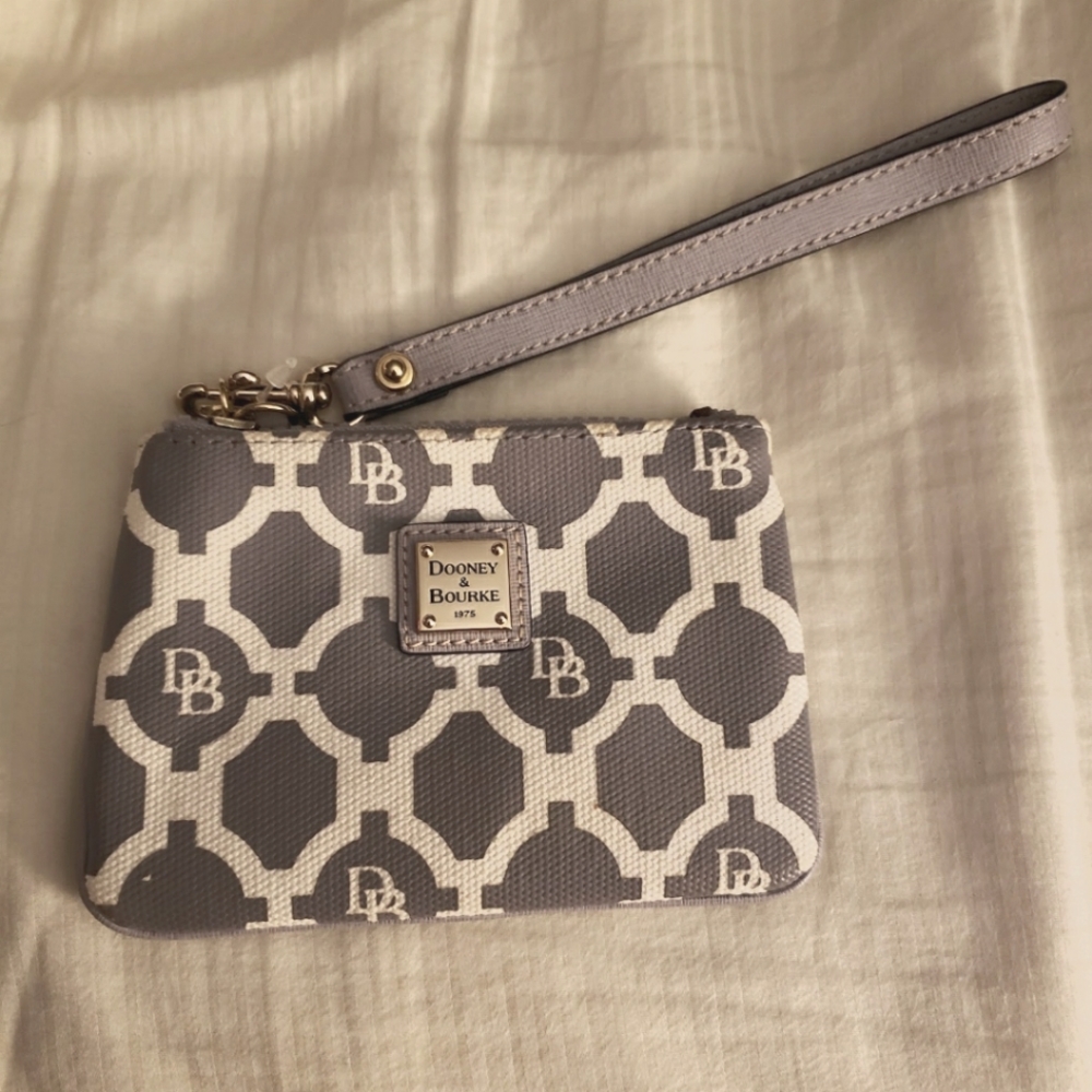 Dooney & Bourke Gray & White DB Monogram Leather Wristlet Coin Holder Purse